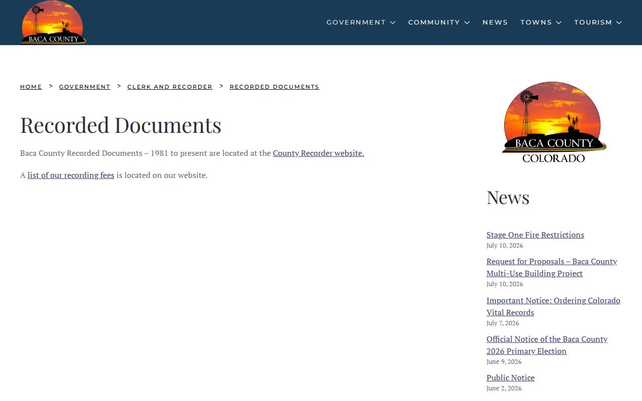 Baca County Clerk of Court recorded documents and Clerk and Recorder records