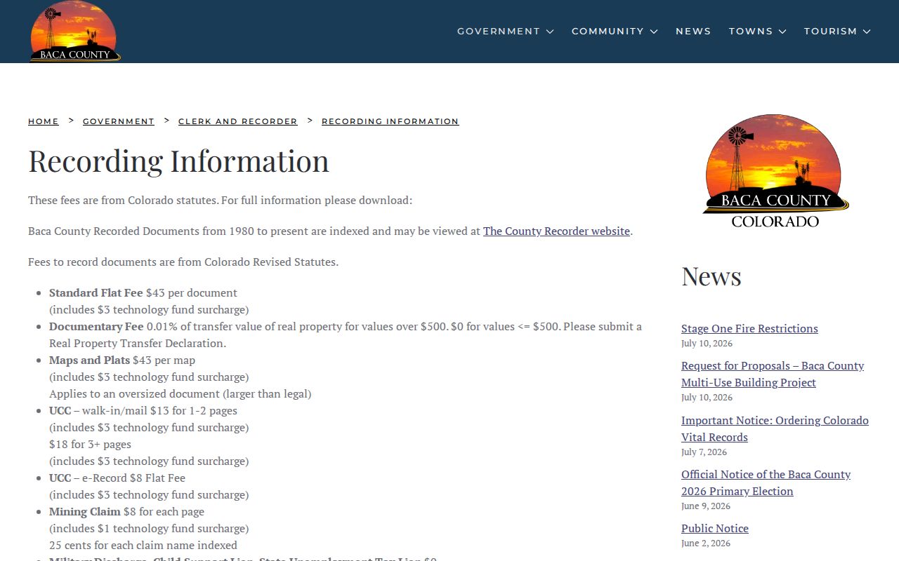 Baca County Clerk of Court page showing Baca County recording fees