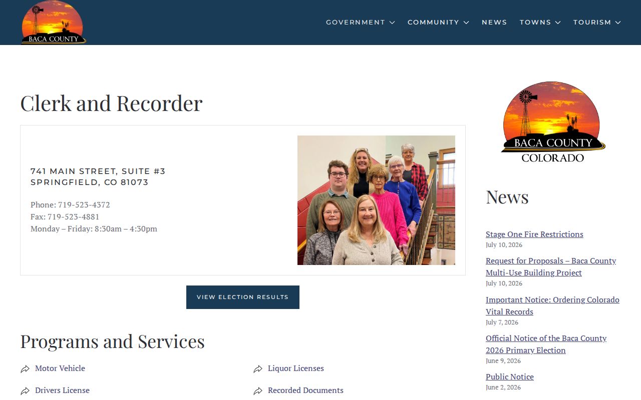 Baca County Court records Clerk and Recorder page