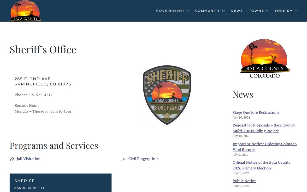 Baca County Court records Sheriff's Office page
