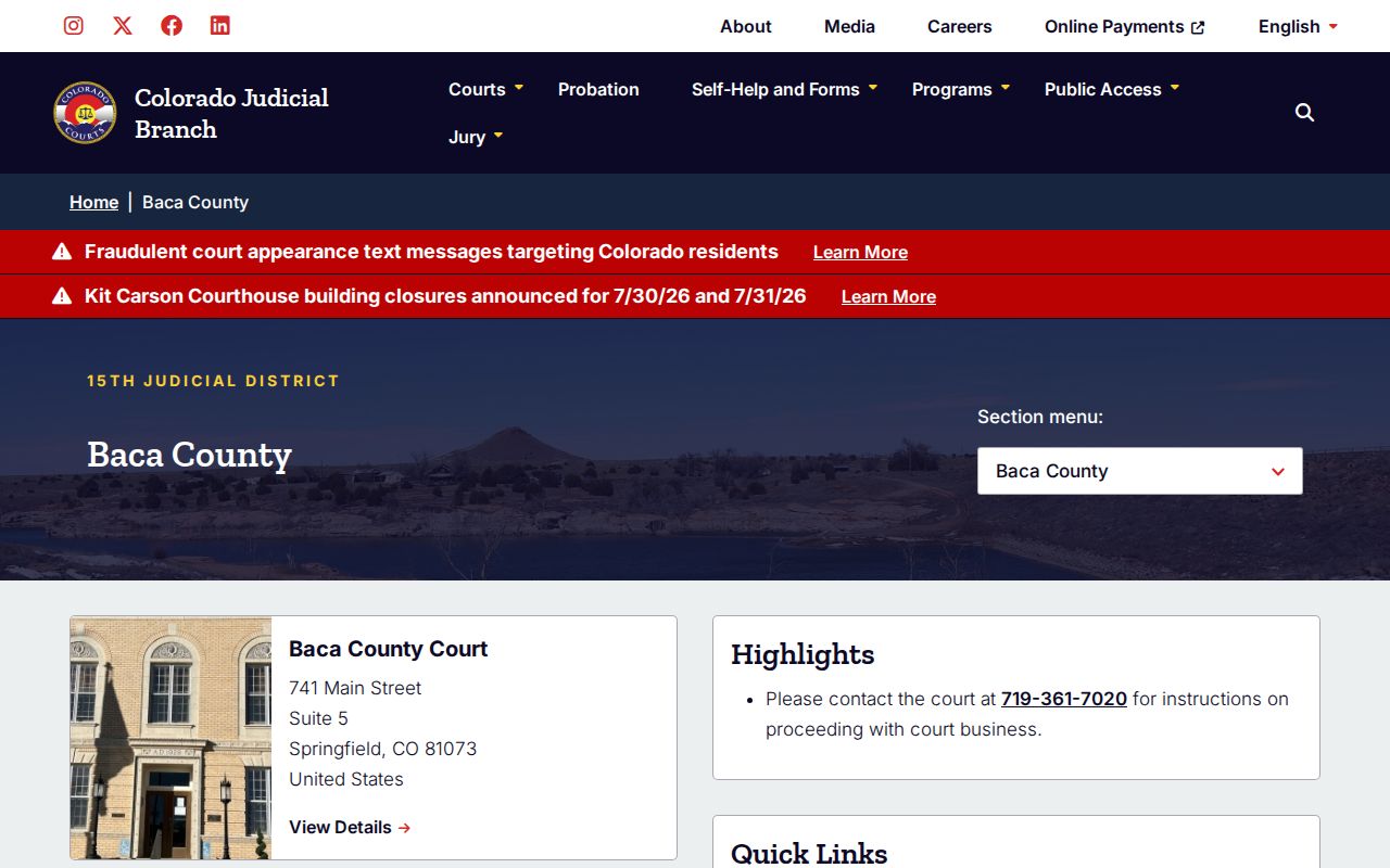 Baca County Court records Colorado Judicial Branch Baca County page