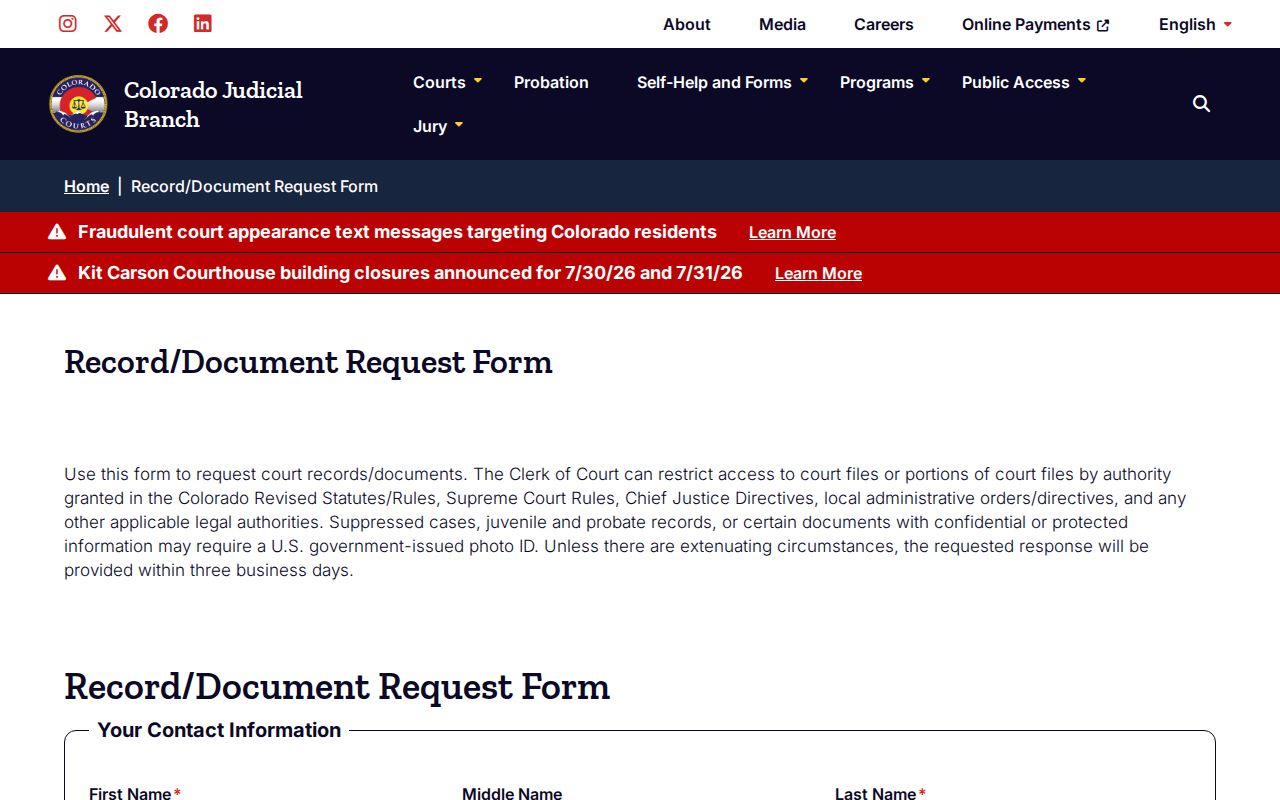 Baca County Court records document request form