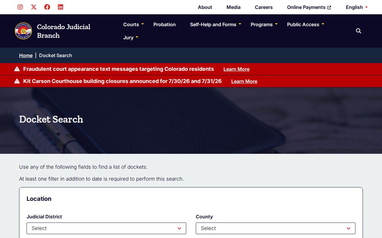 Baca County court dockets Colorado Judicial Branch docket search
