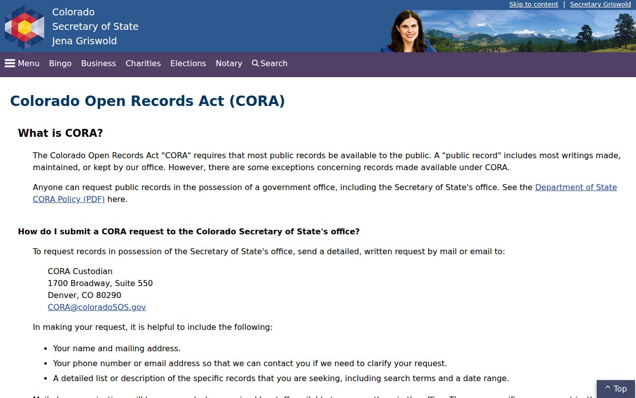Baca County court records Colorado Secretary of State CORA information page