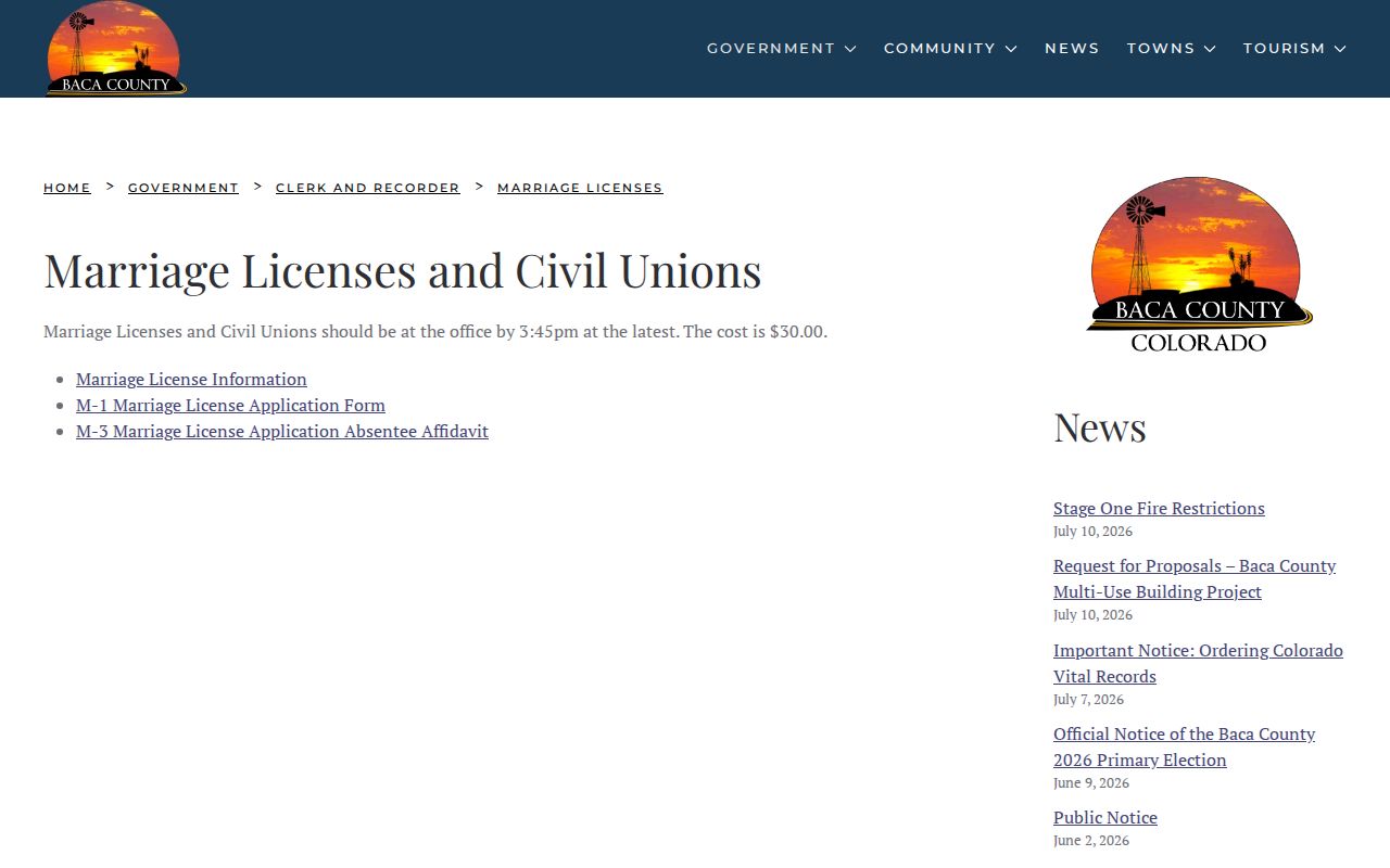 Baca County marriage and divorce records marriage license page