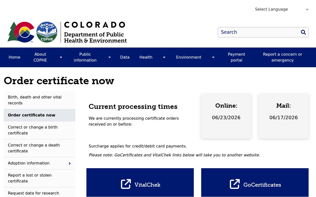 Baca County marriage and divorce records Colorado vital records certificate page