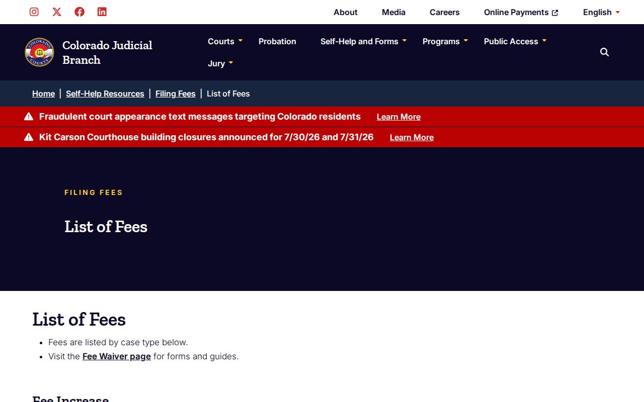 Baca County probate records Colorado Judicial Branch fee list