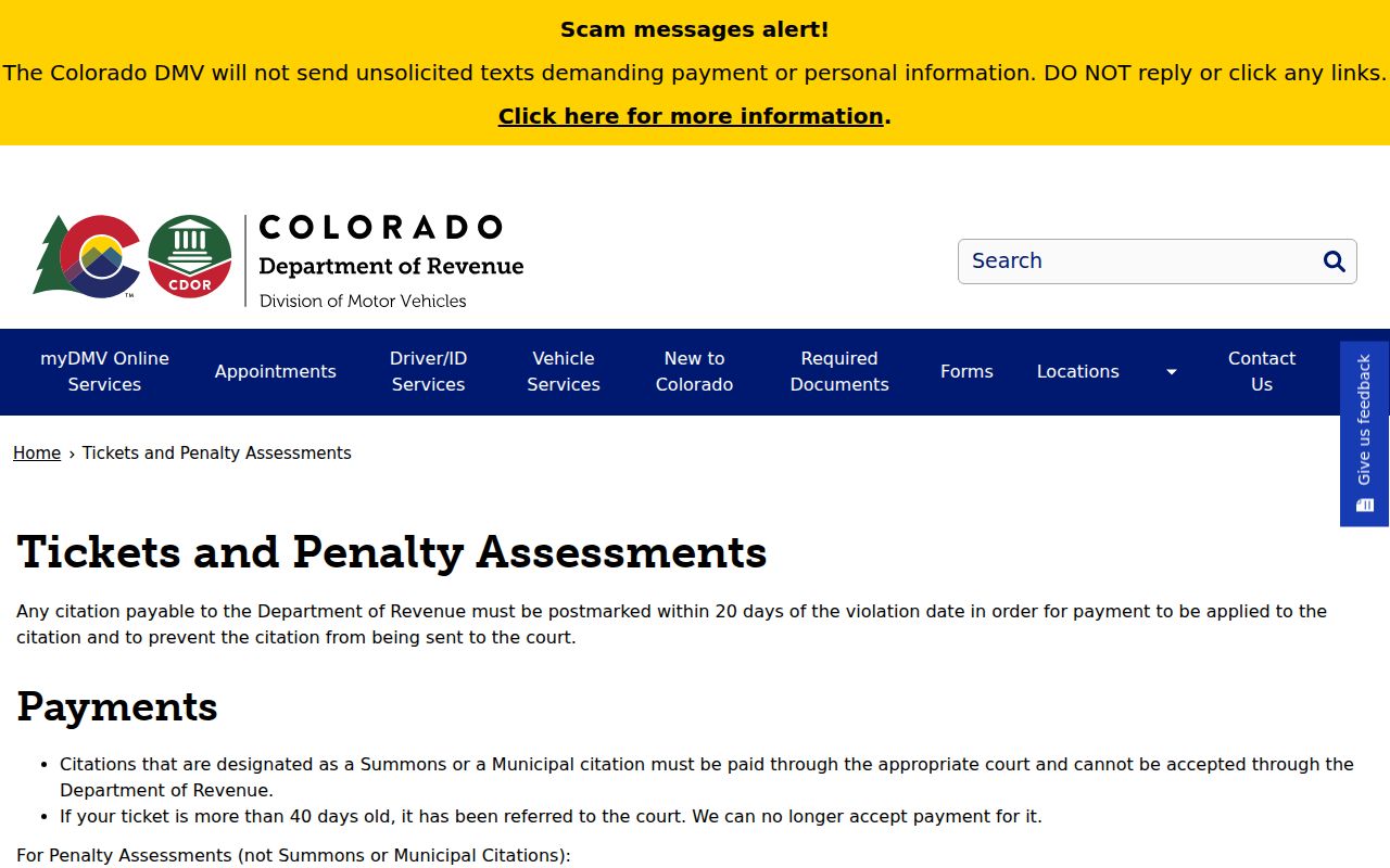 Baca County traffic court records and Colorado ticket penalty assessment page