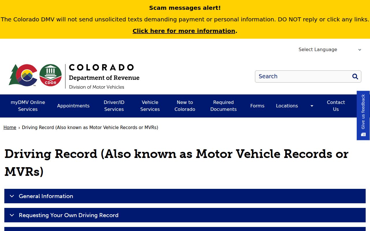 Baca County traffic court records and Colorado DMV motor vehicle record page